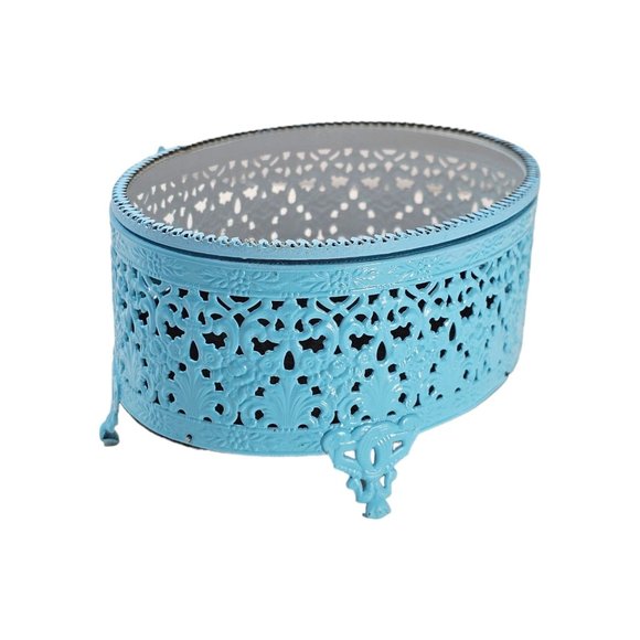 Hand-Painted Blue Jewelry Casket with Glass Top Pieced Metal‎ Sides - Picture 1 of 10